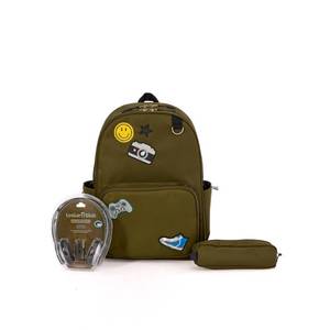 lot 28 image: Locker Club Kids 16L Nylon Backpack with Headphone Pencil Pouch - Olive Green Tear-Resistant Design - Retail $25