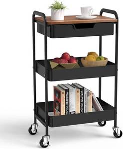 lot 2712 image: 3-Tier Rolling Cart with Drawer, Wood Top, Metal Cart on Wheels