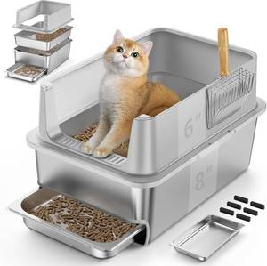 lot 2771 image: $76 Sifting Stainless Steel Litter Box with Drawers, 6 Lid, Scoop