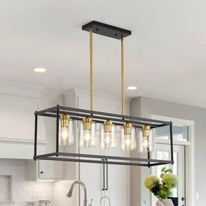 lot 2819 image: $170 5-Light Dining Room Chandelier, BlackGold Rect. 35.4in Glass