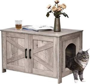 lot 2832 image: $70 Homhedy Cat Litter Box Enclosure, Wooden Washroom with Barn Door