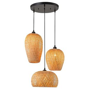 lot 2840 image: $116 Rattan Pendant Light, 3-Light Boho Fixture, Wicker Shade