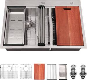 lot 2853 image: $264 6040 Double Bowl Kitchen Sink 33x22, Topmount with Cutting Board