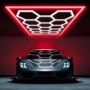 lot 2888 image: $260 Hexagon Garage Lights, 14-LED, Red Frame, Octagon Honeycomb