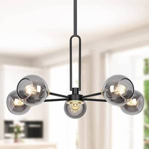 lot 2929 image: $90 5-Light Globe Chandelier - Smoked Glass, Black Sputnik Light