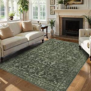 lot 2953 image: $50 Washable 5x7 Green Area Rug, Vintage Boho Floral, Non-Slip