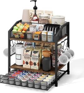 lot 2955 image: Coffee Bar Organizer - 42 K-Cup Holder, Drawer & Hooks