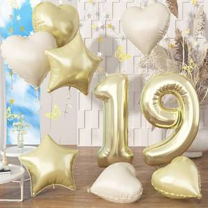 lot 12775 image: 3 Packs 19th Birthday Balloon Champagne Gold for Women, 40 Self Inflating Number 19 Foil Balloon with Light Gold Cream Heart Star Balloons Anniversary Decorations, XXL 19 Balloon for Graduation Party Decor