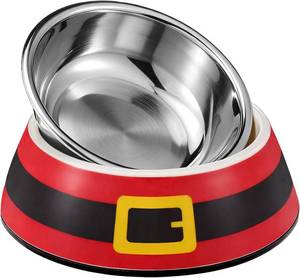 lot 12779 image: Qinyoung Christmas Pet Food Bowl for Small Dog Cat, 7oz Red Santa Belt 2 in 1 Dog Food Water Bowl Stainless Steel Ceramic Stackable Pet Dish Water Feeder Non Slip Easy Clean 5.51 x 4.33 x 1.77 Inch