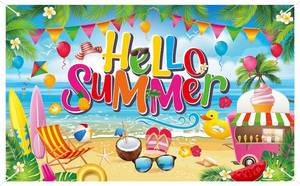 lot 12785 image: Hello Summer Backdrop Banner, 71x43 Inch Large Hawaiian Pool Beach Summer Party Decoration Holiday Tropical Seaside Supplies for Indoor Outdoor Photo Props