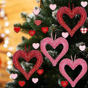 lot 12805 image: 16 Pcs Valentine Day Tree Decorations Heart Tree Ornaments Large Glitter Heart Hanging Ornament Hearts Wood Board Ornaments Foam Hanging for Valentine Wedding Anniversary Wall Door D cor