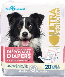 lot 12809 image: Paw Inspired 20ct Disposable Dog Diapers  Female Dog Diapers Ultra Protection  Diapers for Dogs in Heat, Excitable Urination, or Incontinence (Large)