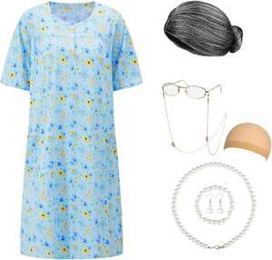 lot 30025 image: Old Lady Costume for Women Granny Costume Kit with Old Lady Nightgown Wig Grandma Costume Halloween Outfits