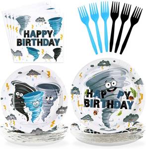 lot 30035 image: Grencian 96Pcs Tornado Birthday Party Decorations Blue Grey Tornado Birthday Plates and Napkins Disposable Paper Tableware for Boys Girls Kids Baby Shower Party Supplies, Serves 24