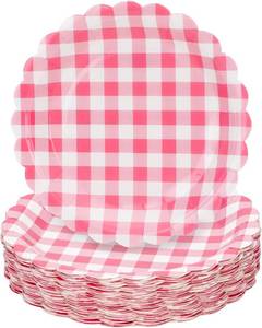 lot 30054 image: 48 Pcs Pink Gingham Plates Scalloped Paper Plates 7 Inch Pink Paper Plate for Baby Shower Wedding Birthday Party