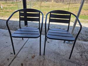 lot 20535 image: Black Metal Outdoor Dining Chairs - Set of 2