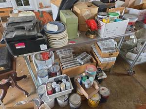 lot 20603 image: Contents of Table Including Epson WorkForce WF-3620 Printer, and Home Improvement Items