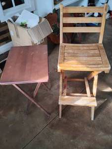 lot 18492 image: Open Sign, Decorative Chicken, Wooden Chair, Side Table