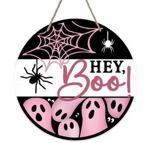 lot 2316 image: Hey Boo Ghost and Spider Web Door Sign - 12 in