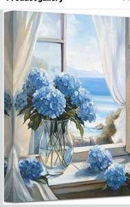 lot 6575 image: CHAOSETKEN Hydrangea Pictures for Bathroom Blue Hydrangea Canvas Wall Art Coastal Windows Flowers Poster Prints Rustic Floral Paintings for Living Room Decor Frame (Blue,18 L x 12 W)