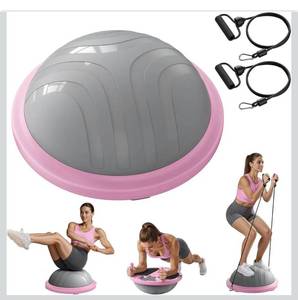 lot 6577 image: MERACH Balance Ball Trainer, 18 Inch Half Exercise Ball with Resistance Bands and Foot Pump, Half Yoga Ball for Core Strength Training, 450lb Capacity