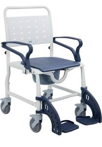 lot 6591 image: 4-in-1 Rolling Shower Chair with Wheels for Elderly & Disabled Adults, Padded Toilet Chair, Bedside Commode, Transport Wheelchair with Locking Caster for Bathroom, Home Care (Navy Blue)