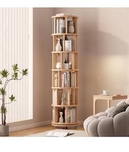 lot 6610 image: Solid Wood Rotating Bookshelf on Wheels, 6 Tier,