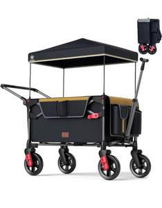 EVER ADVANCED Wagon Stroller for 2 Kids, Compact One-Step Fold Stroller Wagon with Adjustable Push/Pull Handles, Folding Wagon for Travel, Park & Beach, Black Yellow