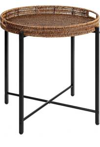 lot 6619 image: Brown Small Round End Table, 19in Rattan End Tables, Wicker Rattan Side Table, Round Sofa Side Table, Indoor Outdoor Side Tables for Patio, Living Room Bedroom Office