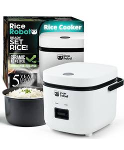 lot 6628 image: Rice Robot Personal Rice Cooker, PFAS-free, Nonstick. 1 Quart Capacity, with Stainless Steel Steamer Tray, Measuring Cups,