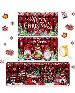 lot 6678 image: 3 Pcs Christmas Kitchen Mat Washable Red Black