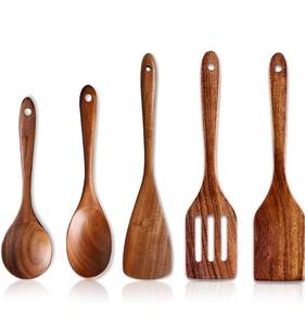 lot 6687 image: 5 Pcs Best Wooden Spoons for Cooking Kitchen Utensils Set Acacia Wood Cooking Spatula Turner Non Toxic Utensil Slotted Serving Spoon Flat Spatulas Set