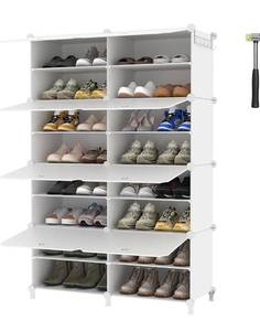 lot 6701 image: AWTATOS Shoe Rack, 8 Tier Shoe Storage Cabinet with Door, 32 Pair Shoe Organizer Shelves for Closet Hallway Bedroom Entryway, White