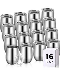 lot 6703 image: 16 Pack Stainless Steel Wine Tumblers 12 oz Insulated Vacuum Wine Cup Set Double Wall Stainless Steel Stemless Mug Glasses