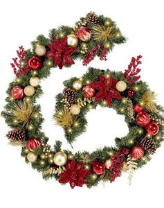 lot 6715 image: WBHome Pre-lit 9 Feet108 Inch Christmas Garland Classic Red&Gold Themed with 50 LED Lights Holiday Decorations, Battery Operated (Batteries NOT Included)