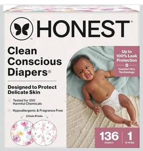 lot 6716 image: The Honest Company Comfort Dry Disposable Diapers for Sensitive Skin, Hypoallergenic, Rose Blossom  Tutu Cute, Super Club Box Size 1 (8-14 lbs), 136 Count