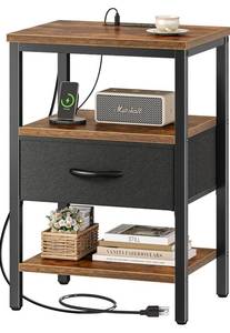 lot 6717 image: SUPERJARE Nightstand with Charging Station, Bed Side Table with Adjustable Fabric Drawer