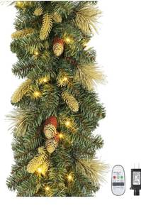 lot 6718 image: SHareconn 9FT Prelit Greenery Christmas Garland with Pine Cones Decorations and Multi-Color LED Lights Plug in,