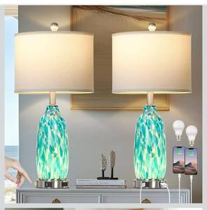 lot 6728 image: 26 Peacock Green Glass Table Lamps Set of 2,Coastal Nautical Bedside Lamps with USB Ports & AC Outlet