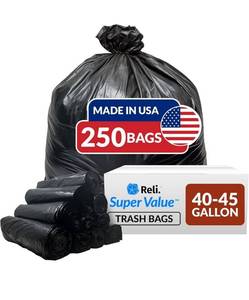 lot 6729 image: Reli. 40 to 45 Gallon Trash Bags Heavy Duty  250 Trash Bags  Super Sizeable, Black, Garbage for Serious Cleanup