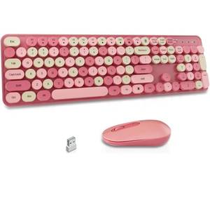 lot 6733 image: Wireless Keyboard and Mouse Combo, Round Keycaps, Retro Typewriter Keyboard Silent, Auto Sleep, 2.4G Wireless Connection for PCWindowsMac (Pink)