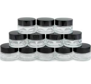 lot 6737 image: 20, Clear, 15 ml (12 oz), Round Glass Jars, with Inner Liners and black Lids