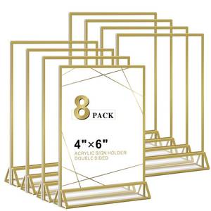 lot 6791 image: Acrylic Sign Holder 4x6 - 8 Pack Gold Picture Frame Double-Sided Table Sign Holder Vertical Display Stand Plastic Paper Holder -Vendor Booth Display Items Suitable for Wedding Office Store Party
