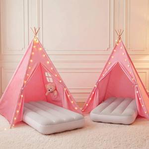 lot 6820 image: Wilwolfer Pink Sleepover Teepee Tent for Kids-2 Pack Tipi Playhouse for Kids with Lights& Flag& Inflatable Airbed -IndoorOutdoor Foldable- Slumber Party Tent -Sleepover Party Supplies