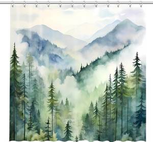 lot 6846 image: Coveted Goods Mountain Forest Shower Curtain 72 x 72, Waterproof Polyester, Misty Pine Tree Landscape, Machine Washable Nature-Inspired Bathroom Decor
