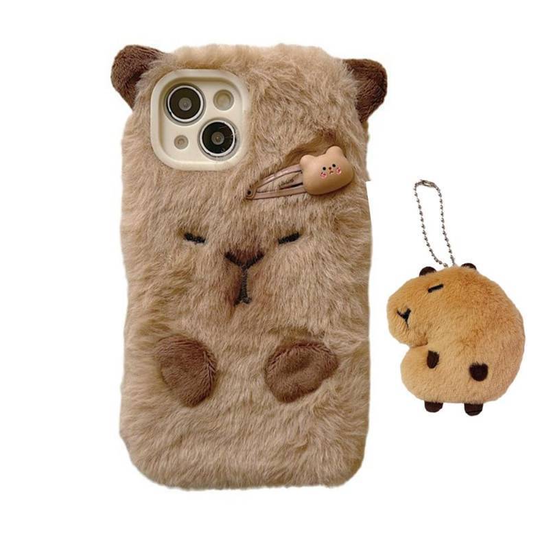 lot 40813 image: Mamarmot Cute Capybara Case Fuzzy Fluffy Fur Capybara Cover with Furry Plush Animal Keychain Pendant Warm Winter Case for Women Girls for iPhone 15 Pro (for iPhone 15 Pro) Brown - Retail $16
