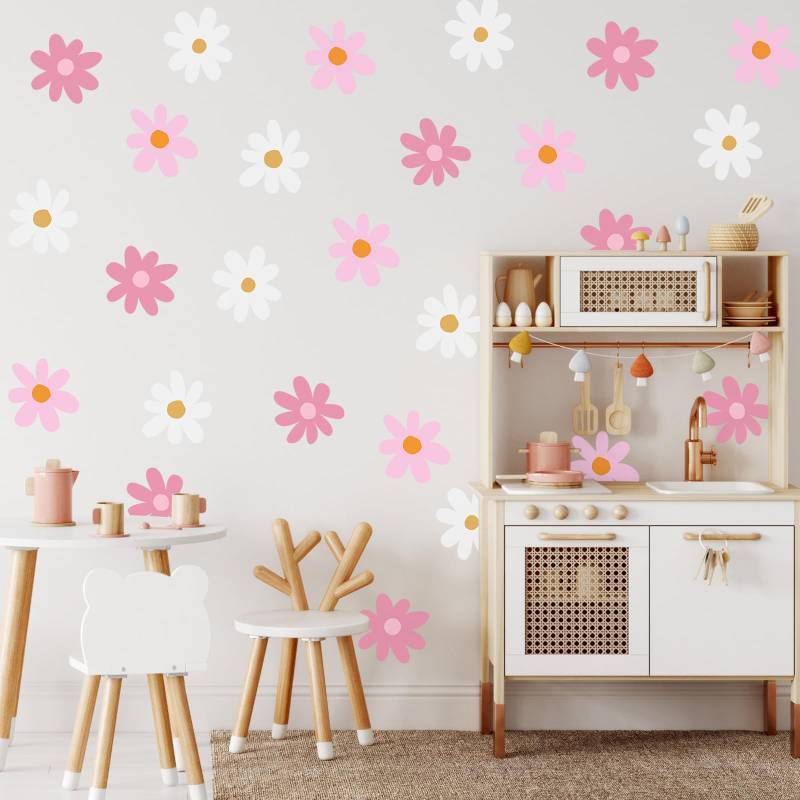 lot 40856 image: BBTO Daisy Wall Decal Flower Vinyl Wall Floral Decals Peel and Stick Daisy Stickers for Kids Nursery Art Bedroom Living Room(Pink, White) - Retail $15