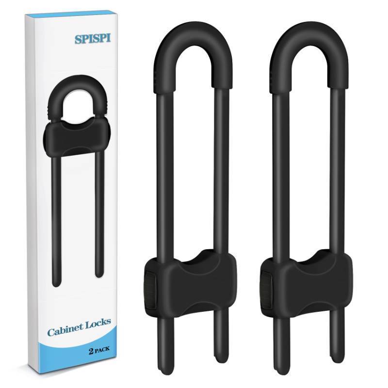 lot 40881 image: Baby Proofing Cabinets,Cabinet Locks for Babies,2 Pack U-Shaped Child Locks for Cabinets, Child Proof Cabinet Latches,Child Safety Cabinet Locks with Adjustable by SPISPI (Black) - Retail $6