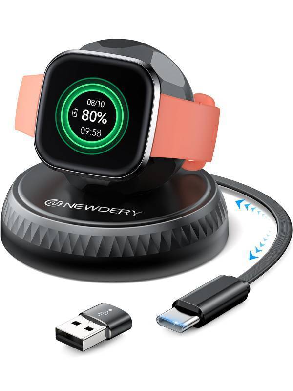 lot 40914 image: NEWDERY Charger for Pixel Watch 3 2 & for Fitbit Sense 2Versa 4 3, Retractable USB C Charging Cable with USB A Adapter, Portable Replacement Dock Stand for Fitbit & for Google Smartwatch - Retail $18