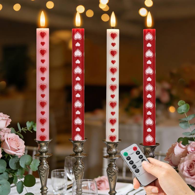 lot 50241 image: SEHNSY Valentines Day Candles Heart Flameless Taper Candles with Remote, Real Wax Battery Operated Candles,Romantic LED Candlesticks for Valentine Decor, Proposal Wedding & Dinner Table (4 Pack) - Retail $25